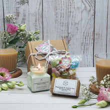 Load image into Gallery viewer, Candle, Soap + Vegan Sweets 'Thinking Of You' Gift Box | Soy Wax Candle | Palm Oil Free Soap Bar | Vegan Sweets