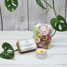 Load image into Gallery viewer, Eco Friendly Budget Gift Set | Soy Wax Tea Light | Natural Soap Bar | Vegan Sweets