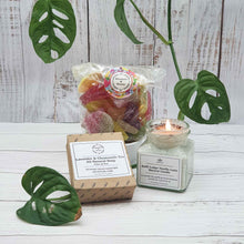 Load image into Gallery viewer, Candle, Big Soap + Sweets Gift Box | Soy Wax Candle | Palm Oil Free Soap | Vegan Sweets |
