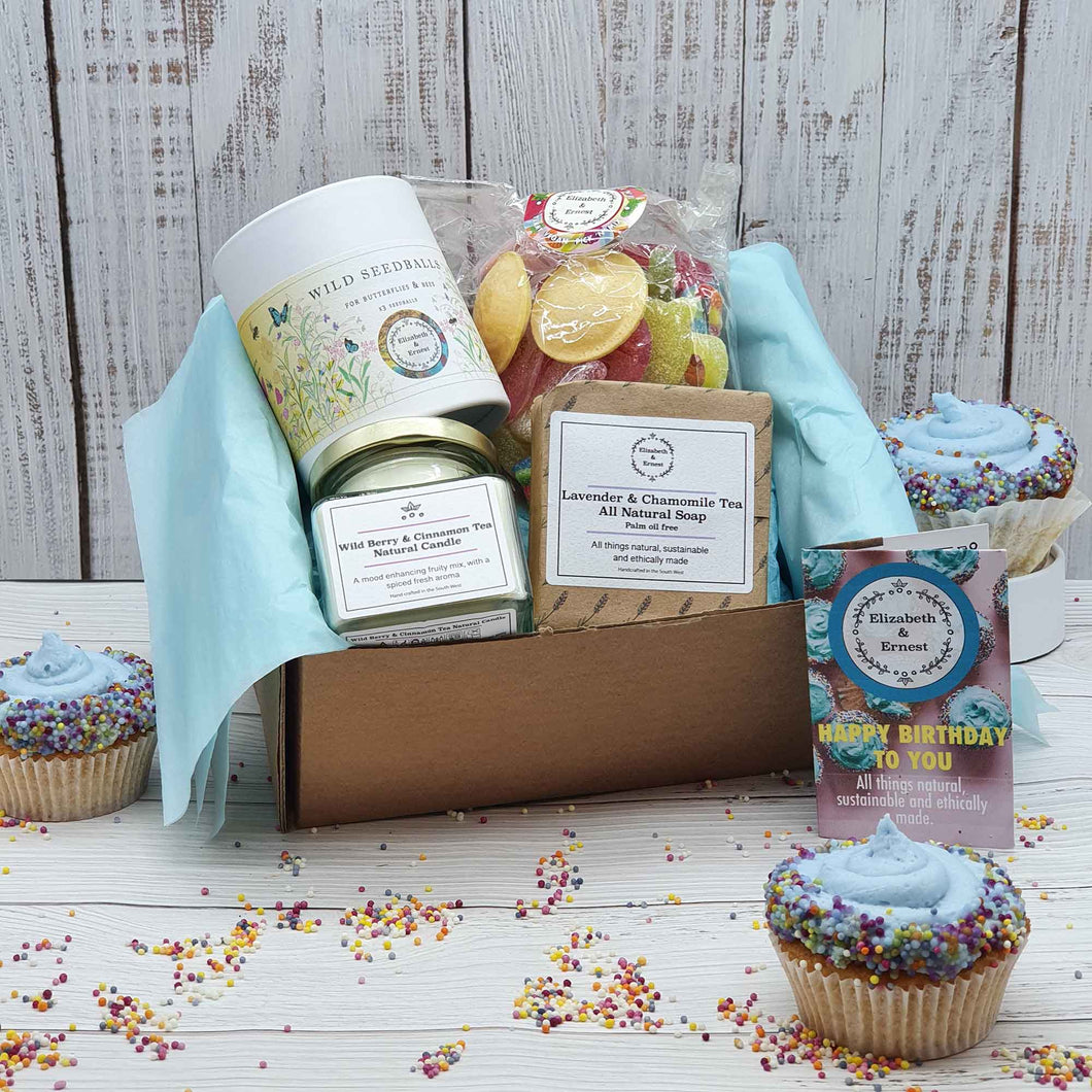 Super Sustainable Birthday Box | Soy Candle | Soap Bar | Seedballs | Vegan Sweets | Spa Gift