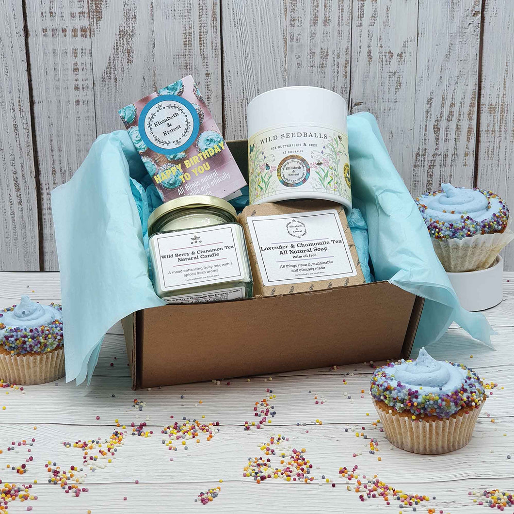 Eco Soy Candle, Handmade Soap & Wild Flower Seedball Birthday Gift Box