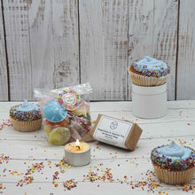 Load image into Gallery viewer, Tealight, Small Soap + Sweets Birthday Box  | Soy Wax Tealight | Natural Soap Bar | Vegan Sweets
