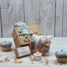 Load image into Gallery viewer, Tealight, Small Soap + Sweets Birthday Box  | Soy Wax Tealight | Natural Soap Bar | Vegan Sweets
