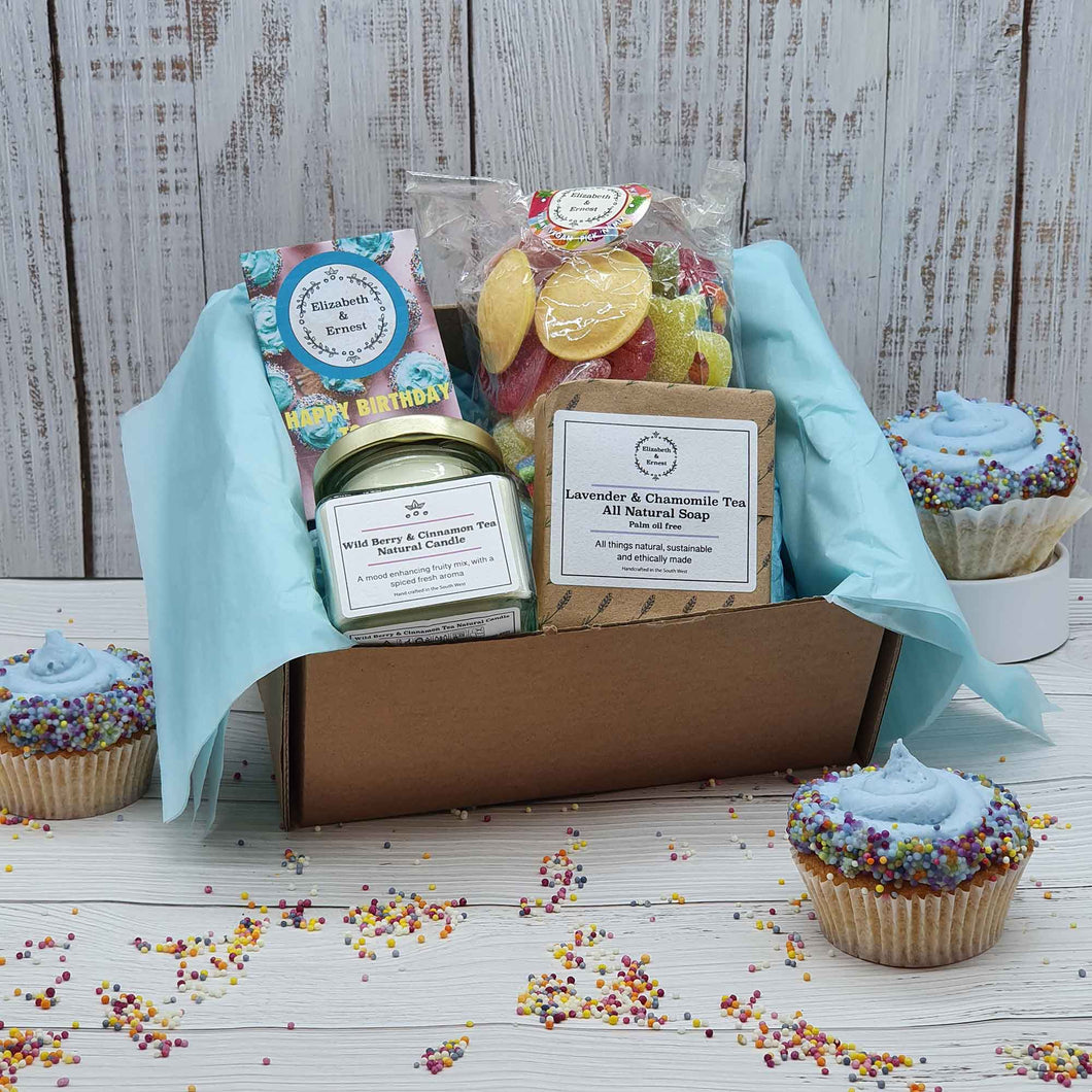 Vegan Sweet Mix, Soy Candle & Handmade Soap Birthday Gift Box