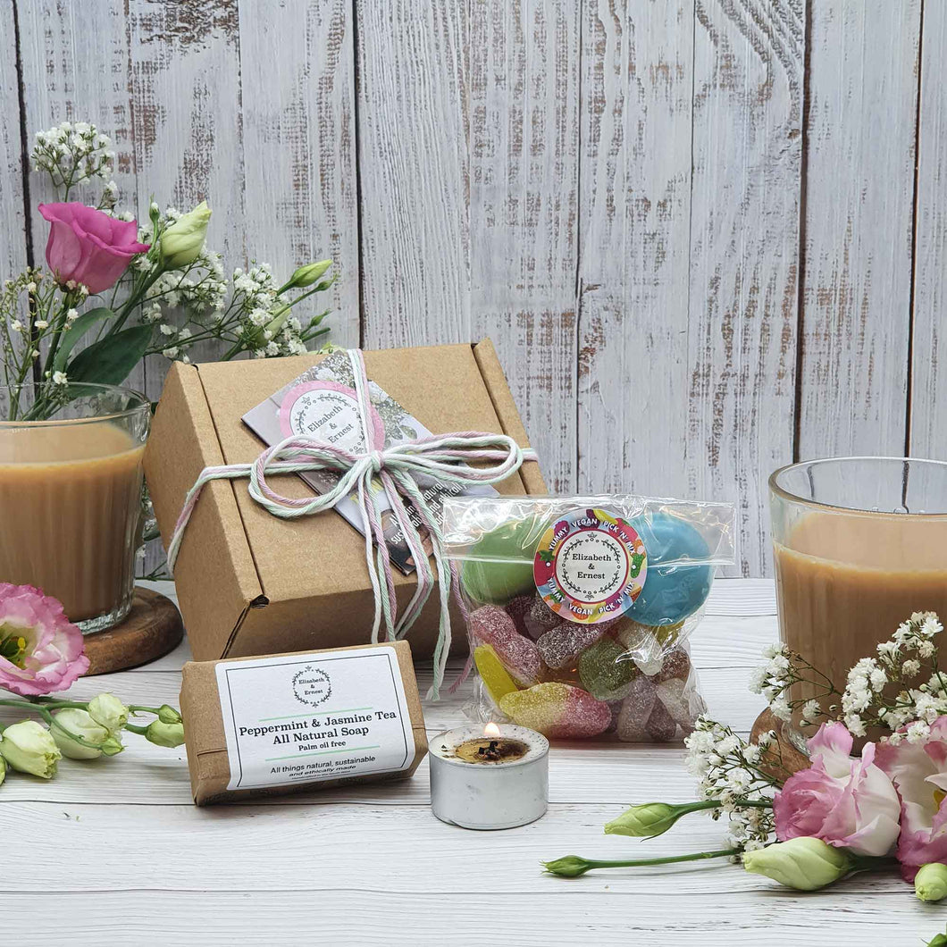 Tealight, Small Soap + Sweets 'Thinking Of You' Gift Box  | Soy Wax Tealight | Natural Soap Bar | Vegan Sweets