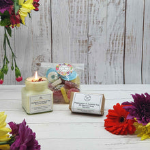 Load image into Gallery viewer, Candle, Soap + Vegan Sweets &#39;Thank-You&#39; Gift Box | Soy Wax Candle | Palm Oil Free Soap Bar | Vegan Sweets
