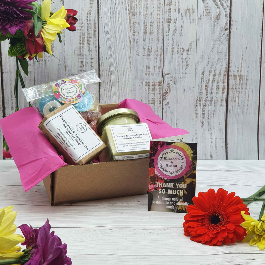 Candle, Soap + Vegan Sweets 'Thank-You' Gift Box | Soy Wax Candle | Palm Oil Free Soap Bar | Vegan Sweets