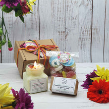 Load image into Gallery viewer, Candle, Soap + Vegan Sweets &#39;Thank-You&#39; Gift Box | Soy Wax Candle | Palm Oil Free Soap Bar | Vegan Sweets
