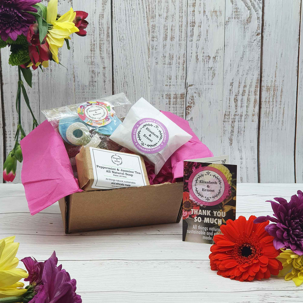 Tealight, Small Soap + Sweets 'Thank-You' Gift Box  | Soy Wax Tealight | Natural Soap Bar | Vegan Sweets