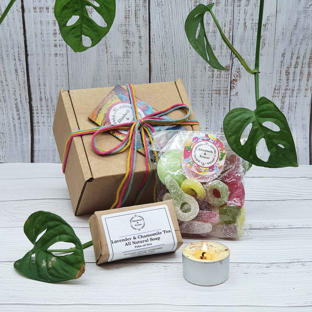 Eco Friendly Budget Gift Set | Soy Wax Tea Light | Natural Soap Bar | Vegan Sweets